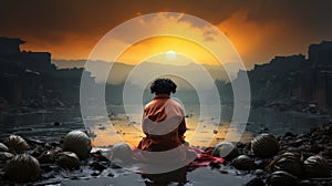 Monk Gazing At Sunset On Riverbank: A Fusion Of Techno Shamanism And Indian Traditions photo