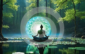 monk in lotus pose practicing meditation in spring forest in magic light cycle