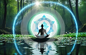 monk in lotus pose practicing meditation in spring forest in magic light cycle