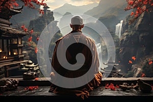 Monk in the lotus position in the temple.