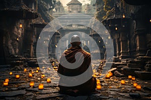 Monk in the lotus position in the temple.