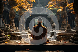 Monk in the lotus position in the temple.