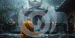 A monk meditates calmly in the rain, his robes glistening with droplets. Generative Ai