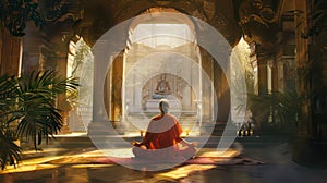 Monk meditating in a budhist temple created with Generative AI. A religious ceremony.