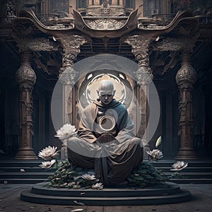 A monk meditating in a lotus position against the backdrop of a Buddhist temple. Illustration in dark colors. AI generated