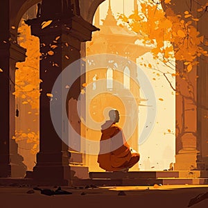 A monk meditating in a lotus position in orange clothes against the backdrop of a Buddhist temple in autumn. AI generated