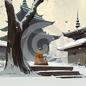 A monk meditating in a lotus position in orange clothes against the backdrop of a Buddhist temple in winter. AI generated