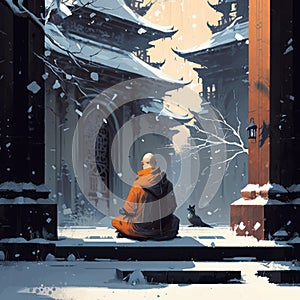 A monk meditating in a lotus position in orange clothes against the backdrop of a Buddhist temple in winter. AI generated