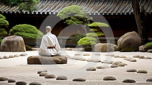A monk meditating in a zen garden
