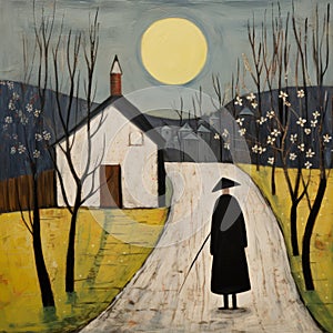 Monk On A Path: Gertrude Abercrombie Inspired Folk Art Painting