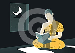 Monk read Dharma book at night in temple to study Buddha teach to be out of suffer,a routine of priest