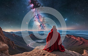 monk in red in mediation on the mountain ,An incredible fantasy world . AI generate