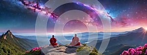 a monk in red in mediation on the mountain ,An incredible fantasy world . AI generate
