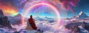 a monk in red in mediation on the mountain ,An incredible fantasy world . AI generate