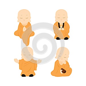 Monk set. vector set of cute Buddhist monks wearing simple yellow robe. Monk prays, meditates, thinks.