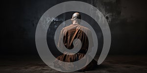 monk sits in a dark room, meditating and seeking spiritual enlightenment with his back turned