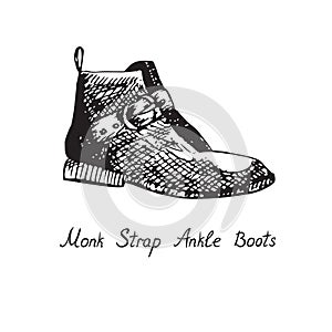 Monk Strap Ankle Boot, isolated hand drawn outline doodle, sketch, black and white illustration with inscription