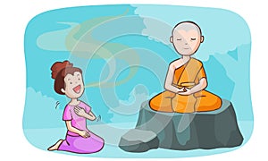 Monk take meditate and the women talkative