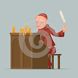 Monk write chronicles historical events writer scribe medieval stand feather pen ink scroll copy candles cartoon