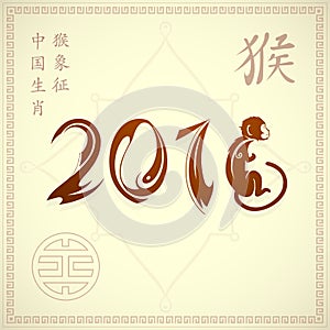 Monkey as symbol for year 2016 with corresponding hieroglyph