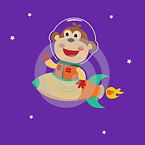 Monkey astronaut play with his rocket. Animal in outer space. Vector hand-drawn color children`s illustration background for