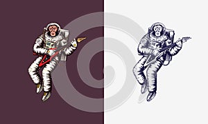 Monkey astronaut plays the electric guitar. Chimpanzee spaceman cosmonaut character. Fashionable animal. Hand drawn