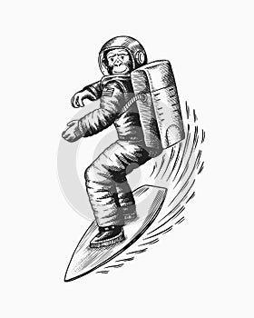 Monkey astronaut rides a surf board.. Chimpanzee spaceman surfrider. Cosmonaut character. Fashionable animal. Hand drawn