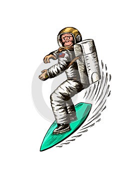 Monkey astronaut rides a surf board.. Chimpanzee spaceman surfrider. Cosmonaut character. Fashionable animal. Hand drawn