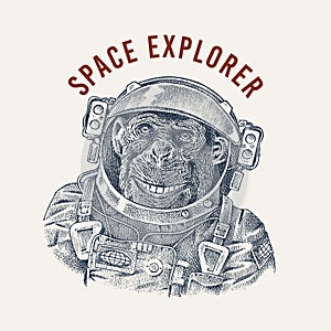 Monkey astronaut in a spacesuit label. Chimpanzee Spaceman dressed in Suit. Fashion Animal character. Hand drawn sketch