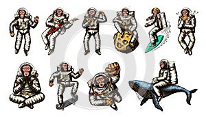Monkey astronaut with whale, guitar, skateboard and moon. Chimpanzee spaceman cosmonaut characters set. Astronomical