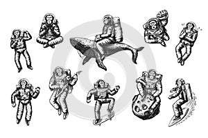 Monkey astronaut with whale, guitar, skateboard and moon. Chimpanzee spaceman cosmonaut characters set. Astronomical