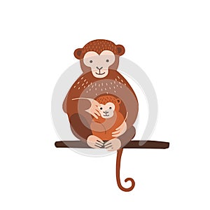 Monkey with baby sitting on tree branch isolated on white background. Family of wild exotic jungle animals. Parent with