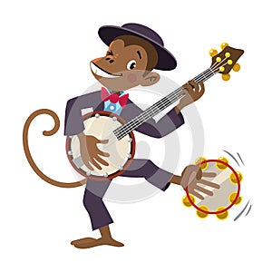 Monkey with banjo. Jazz band with animals.