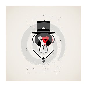 Monkey business - vector illustration with ape face in hat. Chain with pendant in the shape of a dollar sign.