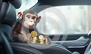 Monkey in a car with coins. Concept of buying or renting a car