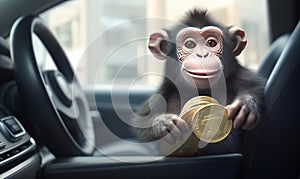 Monkey in a car with coins. Concept of buying or renting a car