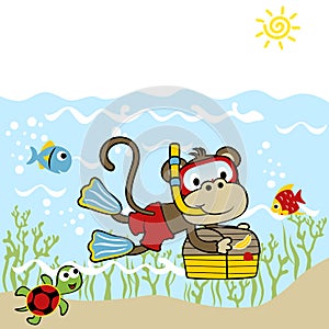 Monkey carrying treasure chest underwater