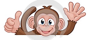 Monkey Cartoon Animal Behind Sign Thumbs Up Waving