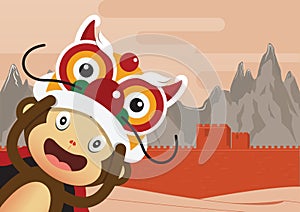 Monkey cartoon character and Great Wall of China Background.