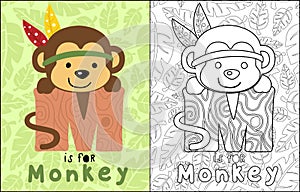 Monkey cartoon with feather headdress hugging M letter on leaves seamless pattern background, coloring book or page