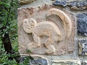 Monkey carved in stone, Chachapoyas culture, Leymebamba, Chachapoyas, Amazonas, Peru, South America