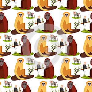 Monkey character animal breads seamless pattern background wild zoo ape chimpanzee vector illustration.