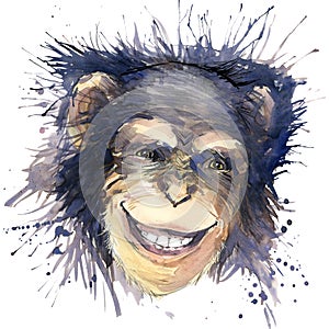 Monkey chimpanzee T-shirt graphics. chimpanzee illustration with splash watercolor textured background. unusual illustration water