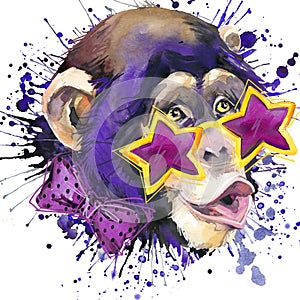 Monkey chimpanzee T-shirt graphics, monkey chimpanzee illustration with splash watercolor textured background. illustration water