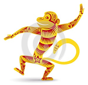 Monkey of Chinese Zodiac in golden and red colors, Vector Illustration