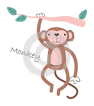 Monkey . Cute animals cartoon characters . Flat shape and line stroke design .