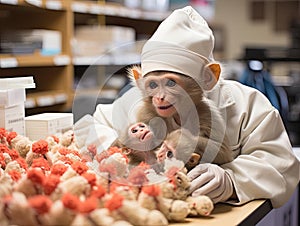 Monkey dental assistant examines toy teeth