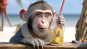 Monkey drinking juice. cute monkey with lemonade on the beach. generative ai