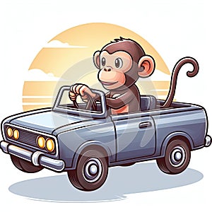 A monkey is driving a car on a white background.