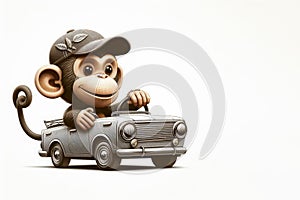 A monkey is driving a car on a white background. Place for text.